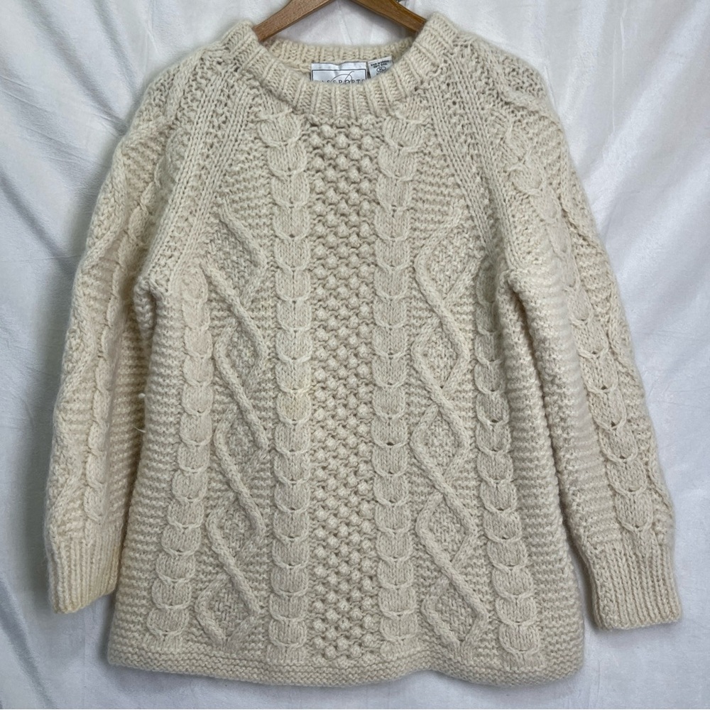 Vintage Passports Pier 1 Wool Fisherman CableKnit Sweater Chunky XL Cream Greece